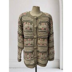 NWT Vintage Ninon de Lenclos Handknit Women S Cardigan Tan Pink Fair Isle Granny